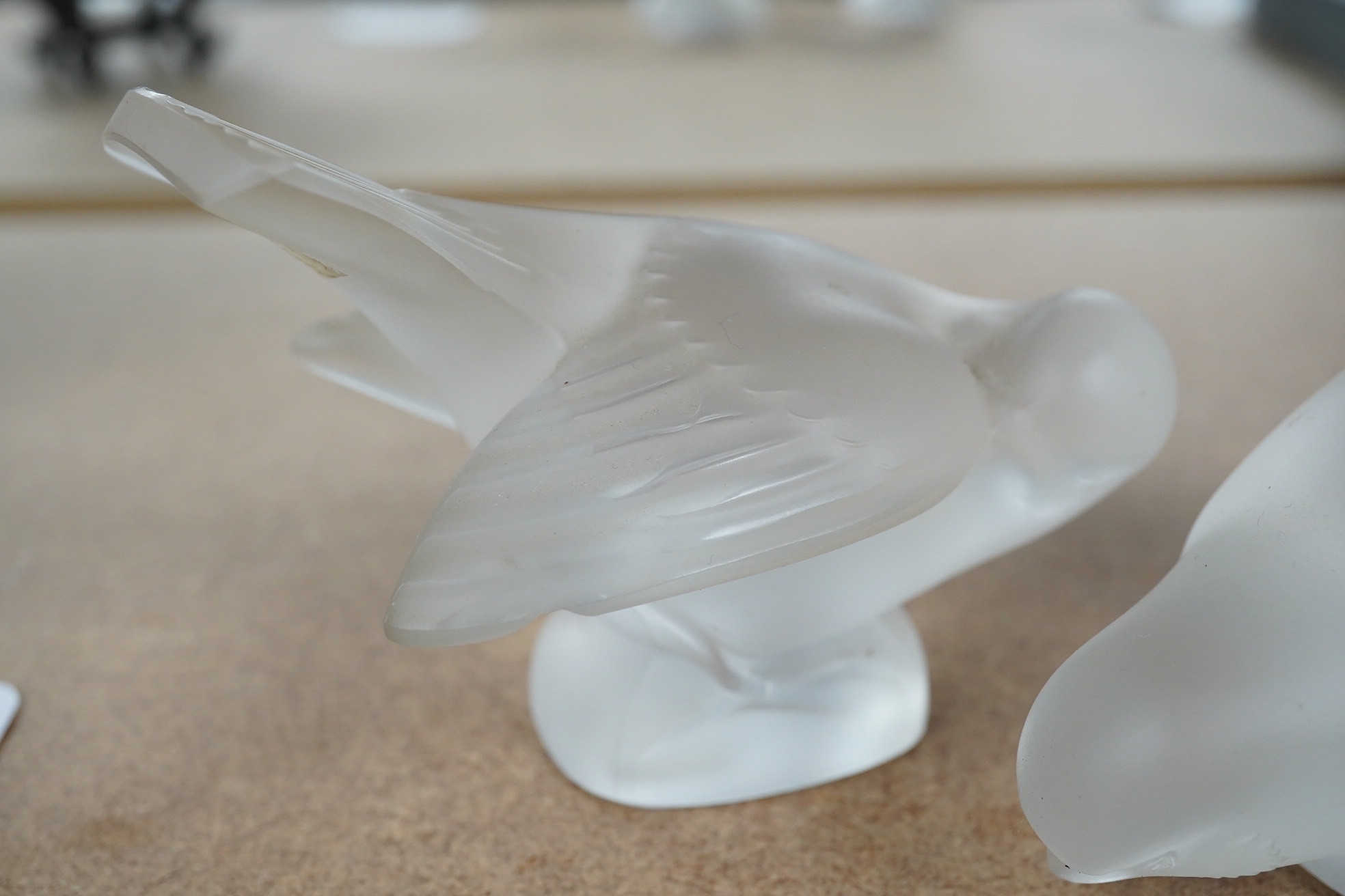 Two Lalique frosted glass figures, Moineau Coquet and Moineau Hardi, tallest 10cm. Condition- fair to good